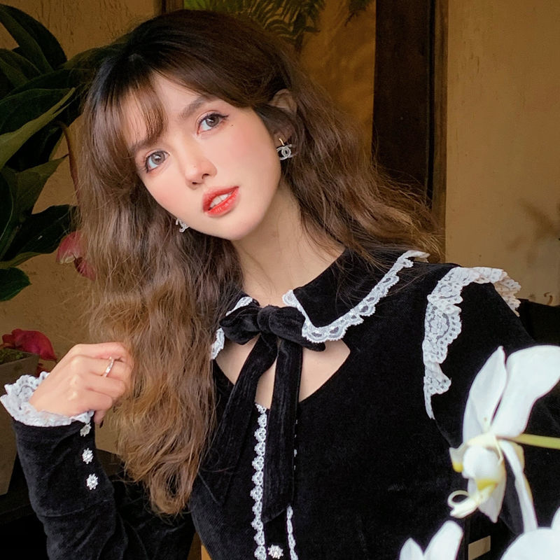 French Vintage Mini Dress Women Fashion Evening Party Black Dress Female Long Sleeve Lace Bow Dress Korean Spring 210521