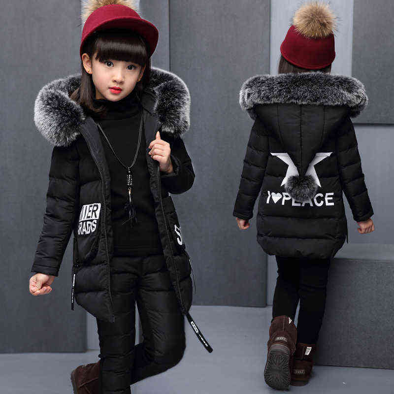 Girl Clothing Sets For Russia Winter Hooded Warm Vest Jacket + Top Cotton Pants 3 Pieces Clothes Coat With Fur Hood 211104