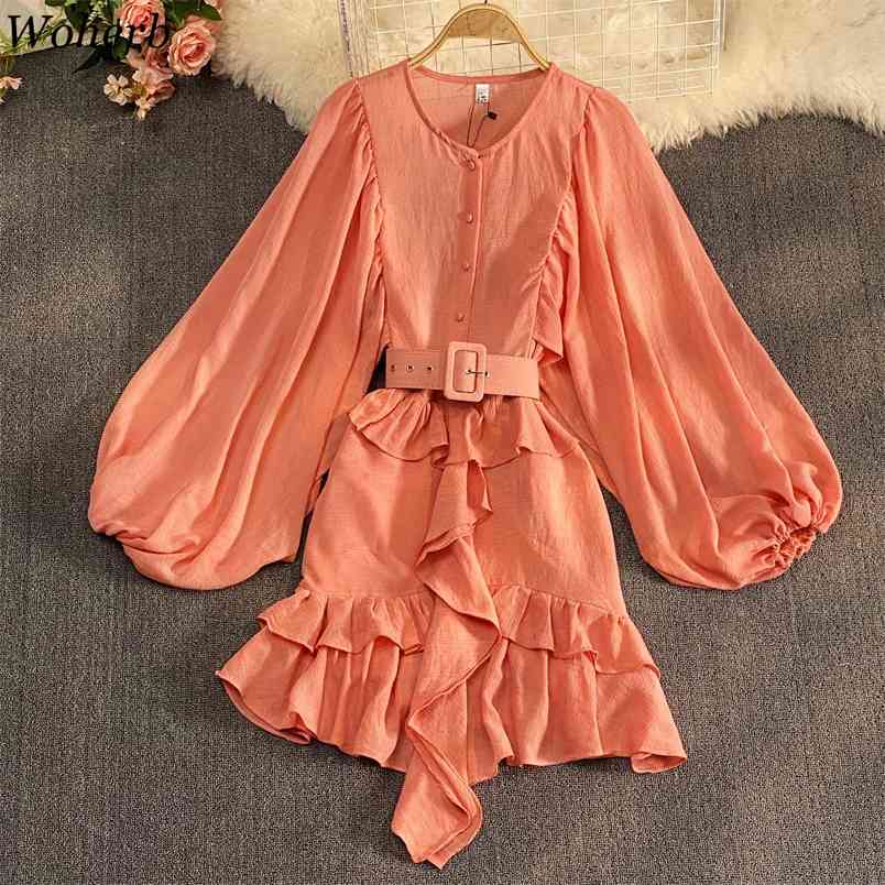 Korean Lantern Sleeve Women Dresses Irregular Ruffle Patchwork Vestidos Summer Robe Belt Slim Waist Sweet Mini Dress 210519