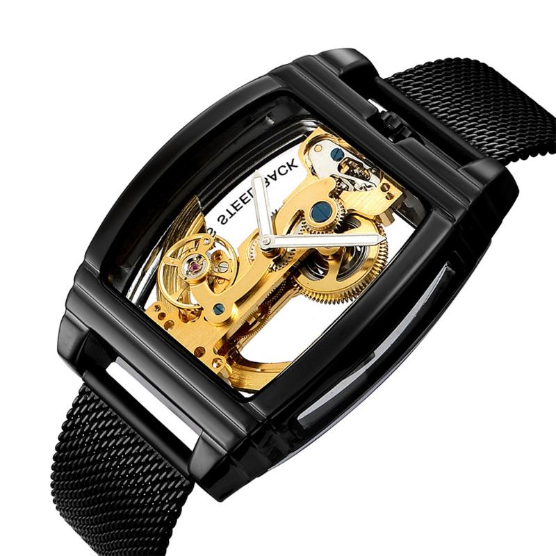 Men Flywheels Bridge Movement Exhibition Manual Mechanical Wrist Watch J55 Wristwatches, Black and black