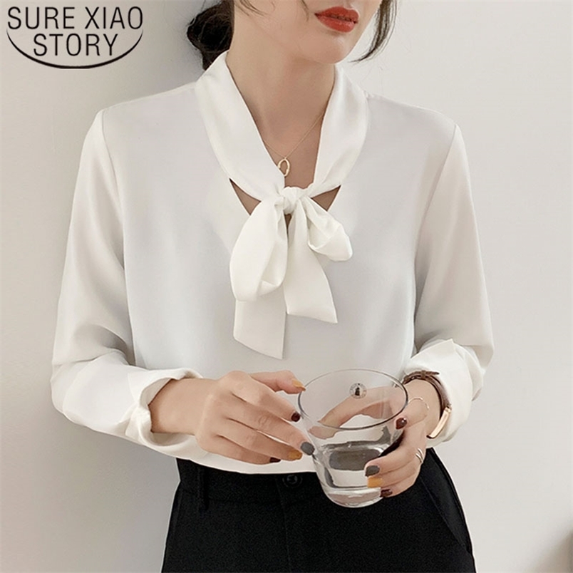 Fashion Women White Blouses Office Lady for Long Sleeve Bow Tops Casual V-neck Elegant Shirts 6073 50 210506