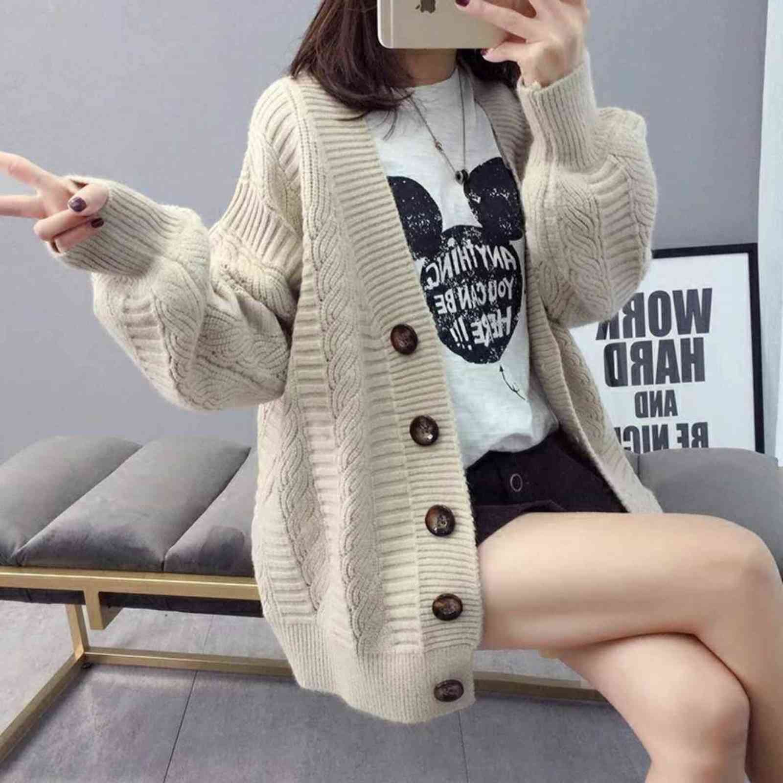 Sweater cardigan jacket female loose Korean student spring and autumn sweater trend round button net red old K 211117