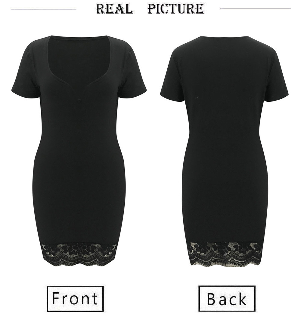 Women Pencil Dress Lace Patchwork Hollow Out Solid Slim Hips Bodycon Sexy V Neck Short Sleeve Club Party es Vestidos 210522