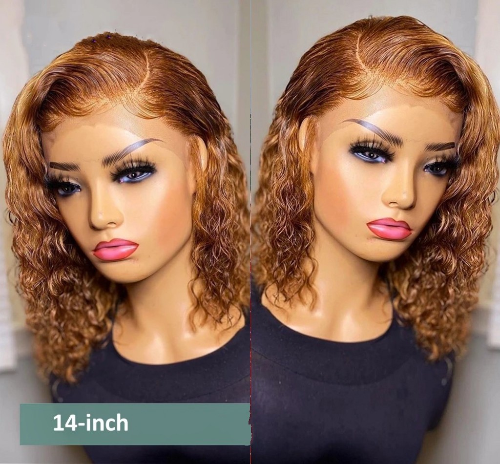 #27 Color Short Curly Bob Wig Lace Front Human Hair For Women Brazilian Honey Blonde Kinky Curl Synthetic Closure Frontal Wigs
