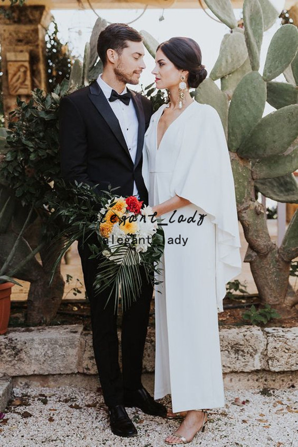 Bohemain Country Wedding Jumpsuit with Cape Sleeve Ankle length Outdoor Garden Beach Fantasy Bridal Dress Pant Suit