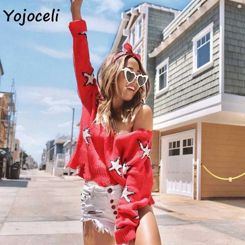 Yojoceli star knitted sweater v neck distressed pullover jumper women streetwear top 210609