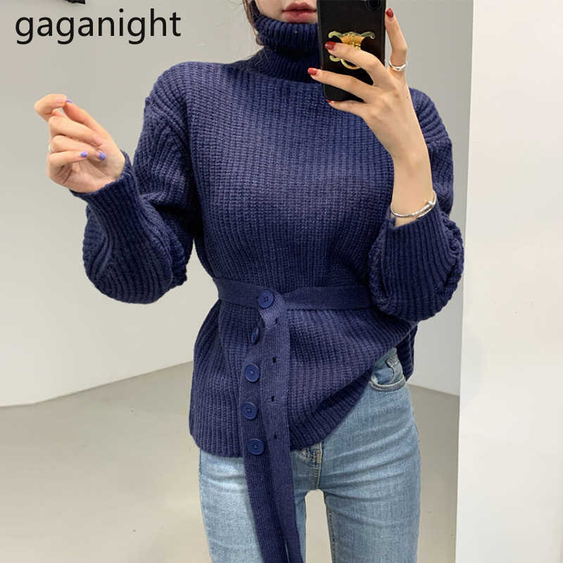 Chic Button Lace Up Women Sweater Autumn Winter Turtleneck Pullovers Korean Thick Warm Loose Sweaters Knited Tops 210601