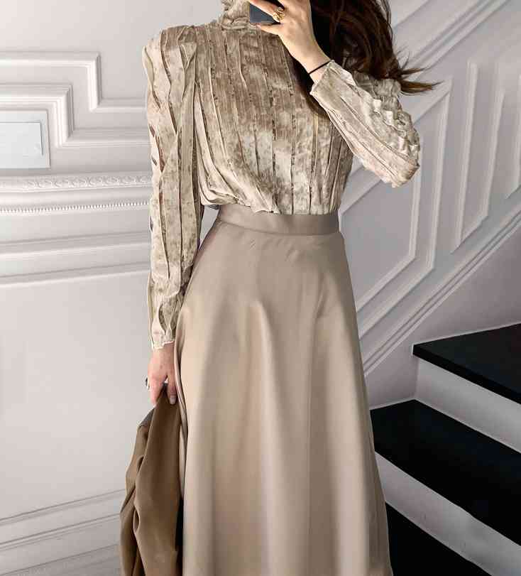 Spring Casual Two Pieces Set Women Elegant Turtleneck Long-Sleeved Velvet Shirt+Female Champagne Gold Satin Skirt Suit 210520