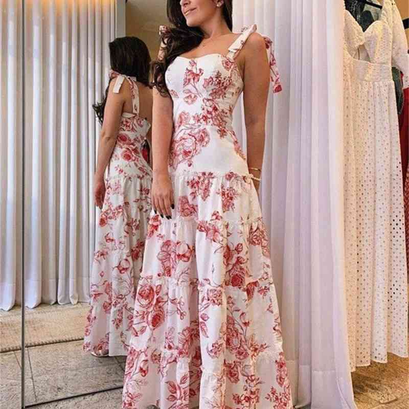 Women Dress Sleeveless Spaghetti Strap Printed Bohemia Sexy Floral Maxi es High Waist Large Hem Long es 210524