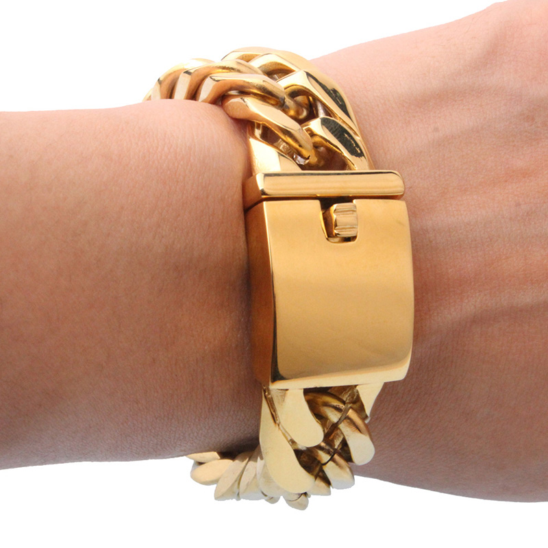 17*220mm Big Wide Cuban Miami Chain Bracelet Heavy Gold Plated Curb Link Chains Bracelets Bangle for Men New Fashion Personalized Hip Hop Rock Punk Party Gift Jewelry