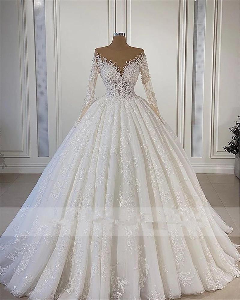 Princess A Line Wedding Dresses Sequins Beaded Bridal Gowns Long Sleeves Sweep Train Plus Size Marriage Vestido de novia