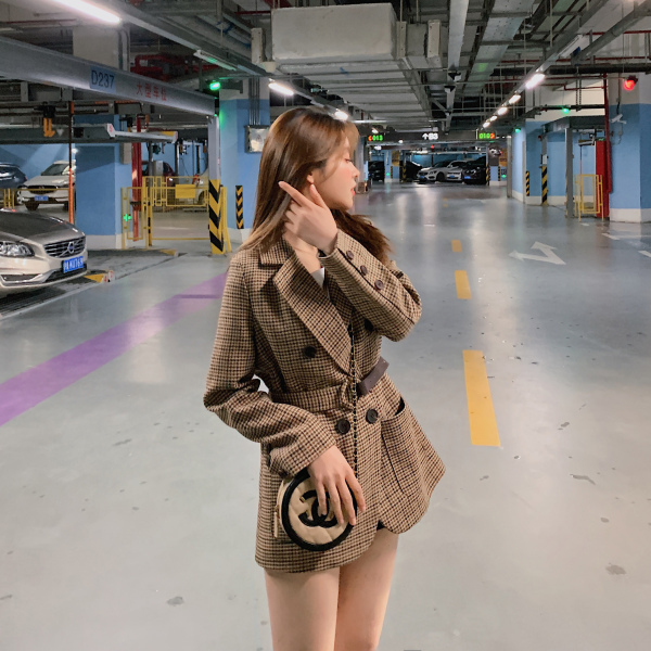 Spring Autumn Women's Sashes Jackets Notched Outerwear England Style OL Vintage Plaid Blazer Woolen Coat Tops Female 210506