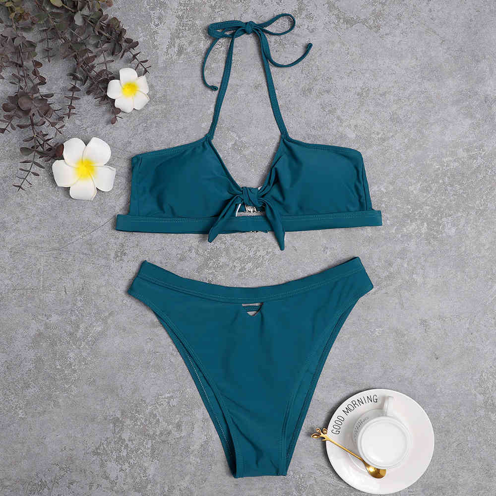 Push-Up Two Pieces Women Tie Front High Waist Bandage Bikini Set Swimsuit Swimwear Bathing Suit Beach Wear Biquini 210520