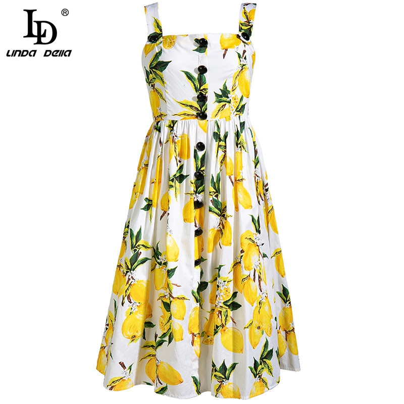 Fashion Runway Summer Dress Women's Spaghetti Strap Button Yellow Lemon Print Vacation Party Elegant 210522