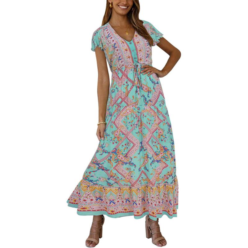 Casual Dresses Summer Women Printed Boho Long Maxi Dress Short Sleeve Kaftan Beach Sundress Bohemian Style Ladies