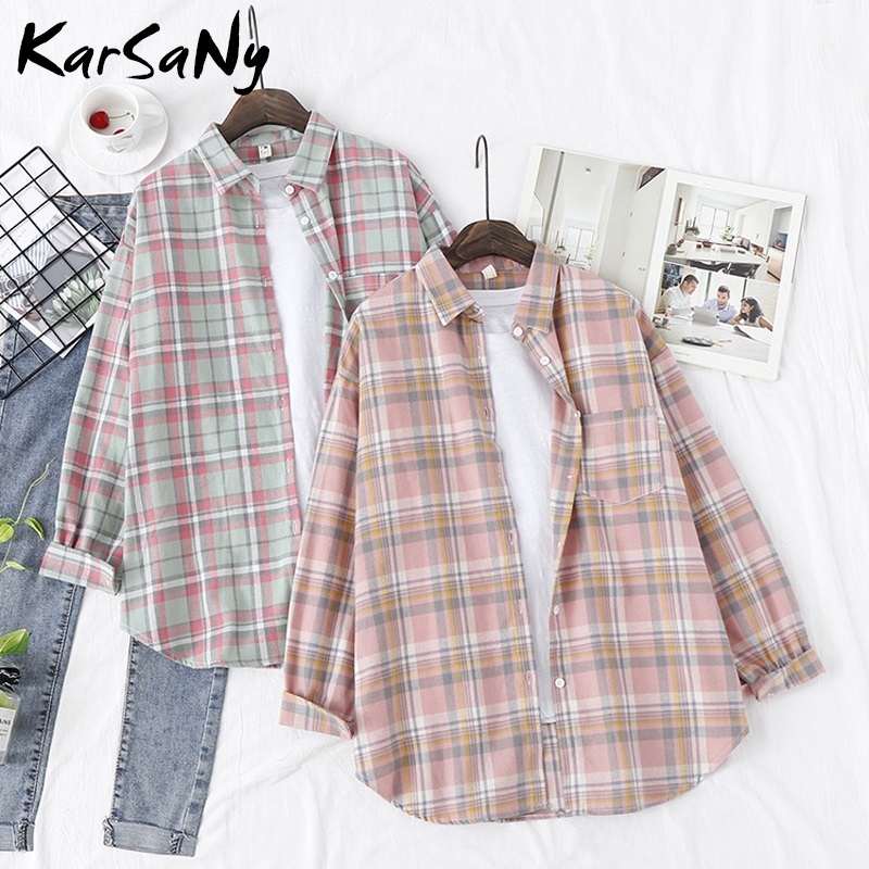 KarSaNy Boyfriend Oversized Shirt Plaid For Women Blouses And Tops Spring Loose Plaid Cotton Shirt For Women Boyfriend Shirts 210317