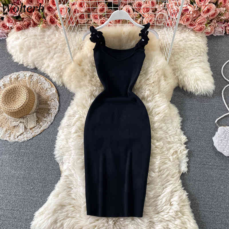 Summer Women Dress Korean Fashion Robe Ruffles Sling Knitted Bodycon Dresses Solid Sleeveless Temperament Vestidos Jumer 210519