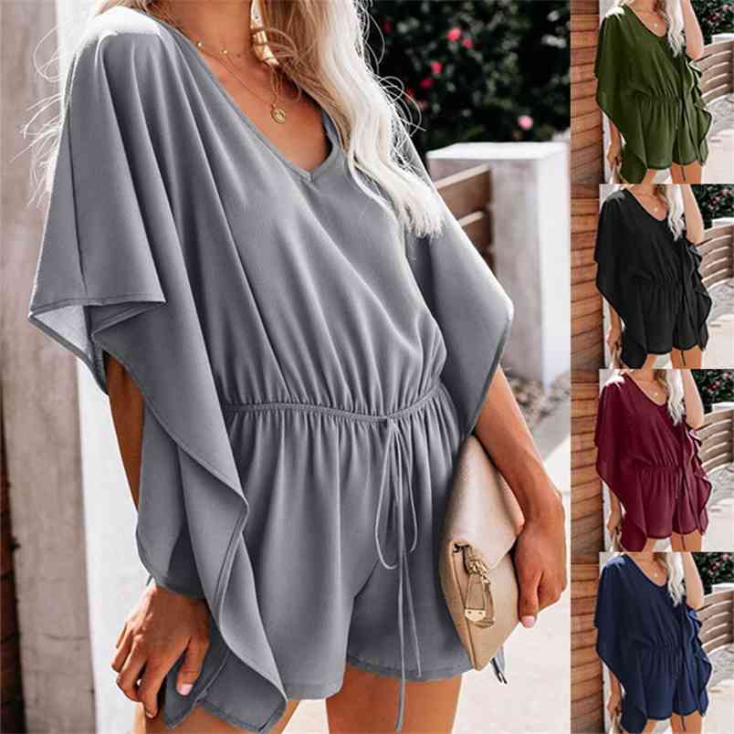 Casual Playsuit Summer Female V-Neck Solid High Waist Lace Up Wide Leg Loose Jumpsuit Women Retro Ruffle Sleeve Romper Plus Size 210522