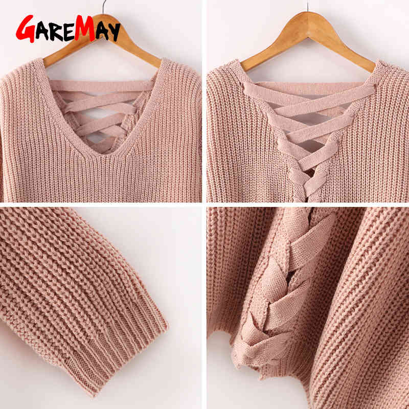 Knitted Sweater Women Autumn Fall Fashion Backless V Neck Jumpers Ladies s Wine Red Female Pullover 210428