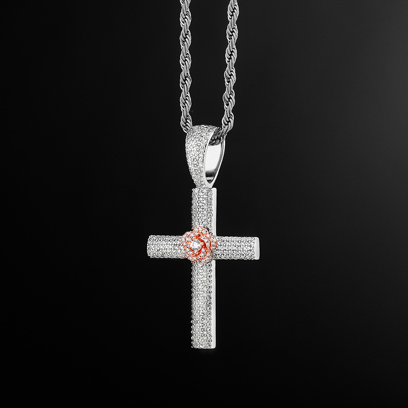 Hip Hop Rose Cross Pendant Necklace Shining Bling Zirconia For Men Women Gift with Twisted Rope Chain