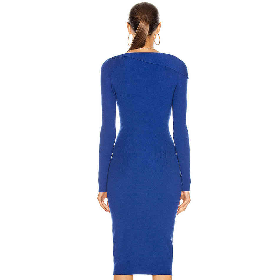 Summer Women Blue Long Sleeve Midi Bodycon Bandage Dress Sexy V Neck Club Evening Celebrity Runway Party Dresses 210423
