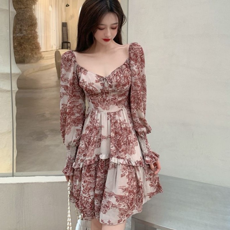 Elegant Floral Sweet Dress Women Retro Puff Sleeve Chiffon High Waist Party Casual Female Summer 210519