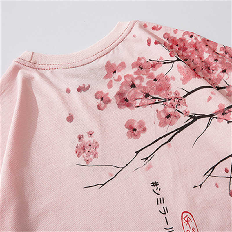 Bebovizi Japanese Style Cherry Tshirt Streetwear Short Sleeve T Shirt Cotton Pink Tees Men Harajuku Hip Hop Oversized T-Shirt 210629