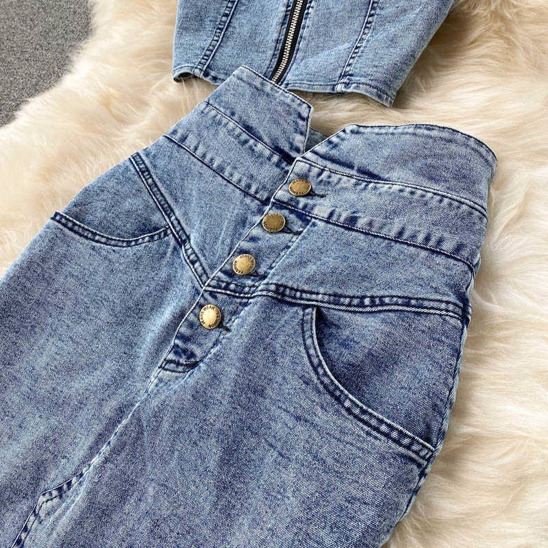 Summer Two Piece Set Women Sexy Jeans 2Two Zipper Crop Tops Bustier Bra +Bodycon Long Denim Split Skirt Suits 210530