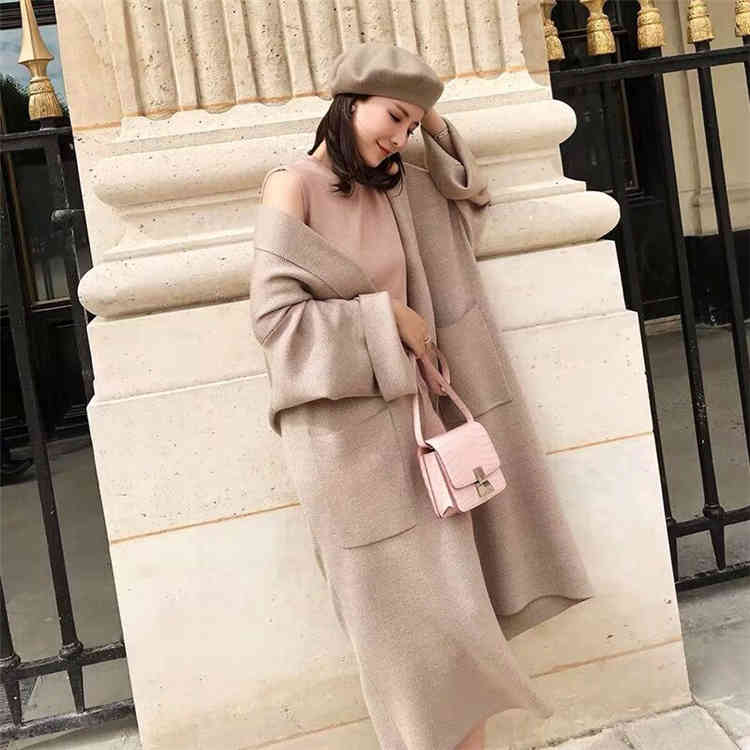 Autumn Winter Women's Loose Sweaters Korean Chic Style Casual Long Cashmere Knitted Cardigans Coat 210520