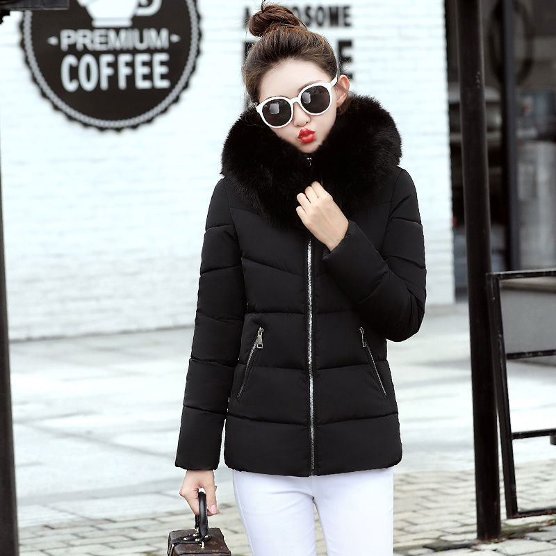Korea Fashion Winter Women Slim Short Coat Warm Thicken Ladies Coats Big Fur Collar Hooded Parkas Lady Jacket D257 210512