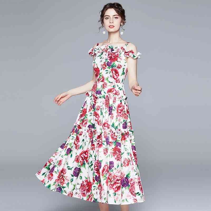 Summer Holiday Beach Long Dress Runway Women Off Shoulder Floral Rose Printed Maxi Sexy Slash Neck Swing es 210506