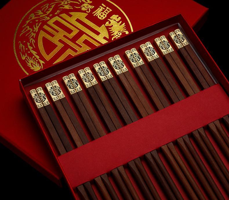 Chinese Style Double Happiness Gold Head Wood Chopsticks Wedding Party Favor And Gift For Guest Friend Wholesale