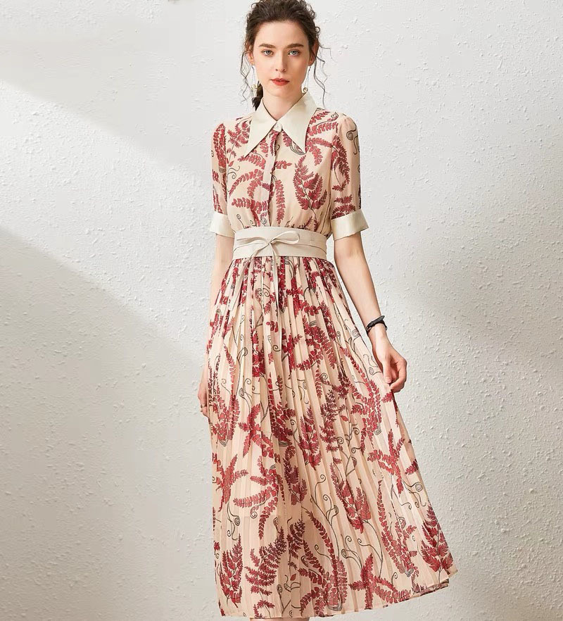 Pleated Dress Summer Women Turn Down Collar Patchwork Printed Short Sleeved Slim Belted Elegant Dresses Casual z 210421
