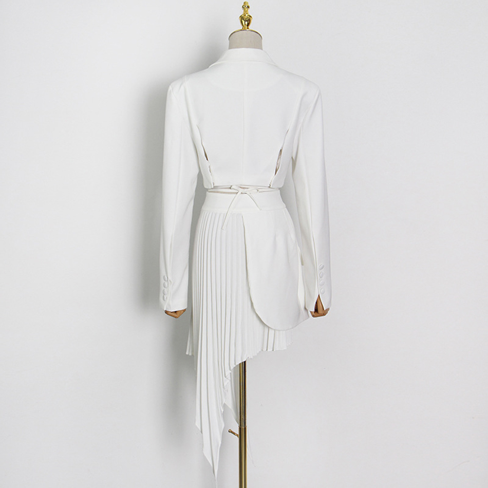 High Quality Women'S Suit Jacket Waist Irregular Pleated Skirt Two-Piece Fashionable White 210525