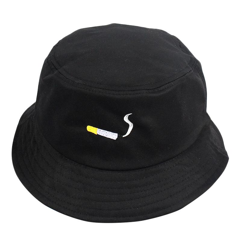 Cigarette Embroidery Bucket Hat For Men Women Hip Hop Fisherman Adult Panama Bob Summer Lovers Flat Wide Brim Hats, Black