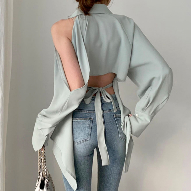 Women Blouse Lady Hollow Out Turn Down Collar Fashion Shirts Blusa Off Shoulder Spring Summer Sexy Solid Tops 210519