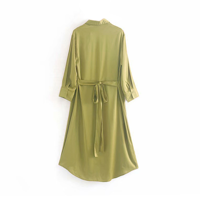 Solid Satin Silk Women Shirt Dress Elegant Ladies Turn Down Bandage Casual Loose Female Soft Yellow Midi es 210515