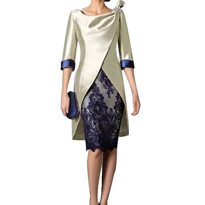 Waishidress Two Pieces Short Mother Of The Bride Dresses With Jacket 1/2 Sleeves Lace Appliques Sheath Evening Gowns