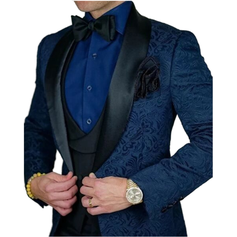 Navy Blue Burgundy Embroidery Mens Suits Wedding Tuxedos Black Shawl Lapel 3 Pieces Groom Formal Wear Slim Fit Male Formal Party Prom Blazer (Blazer+V