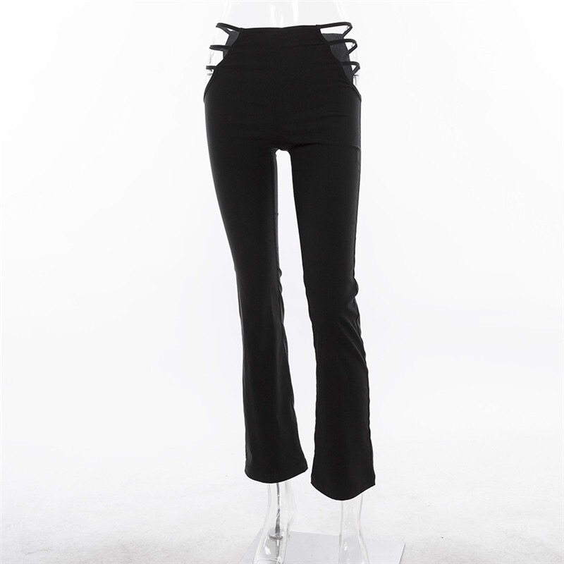 Y2K Street Clubwear Fashion Hollow Out side Waist Fitness High Pants Women Sexy Bandage Full length Trousers black 210429