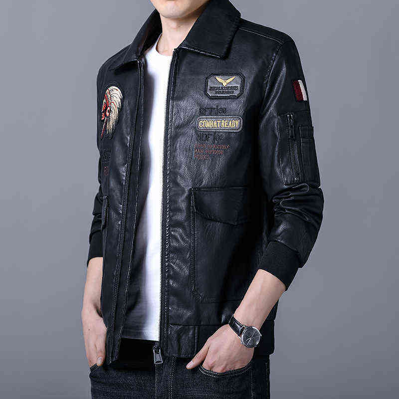 Autumn Men 's Retro Leather Jackets Embroidery Outwear Casual Motorcycle Pu Jacket Biker Leather Windbreaker Multi-pockets 211119