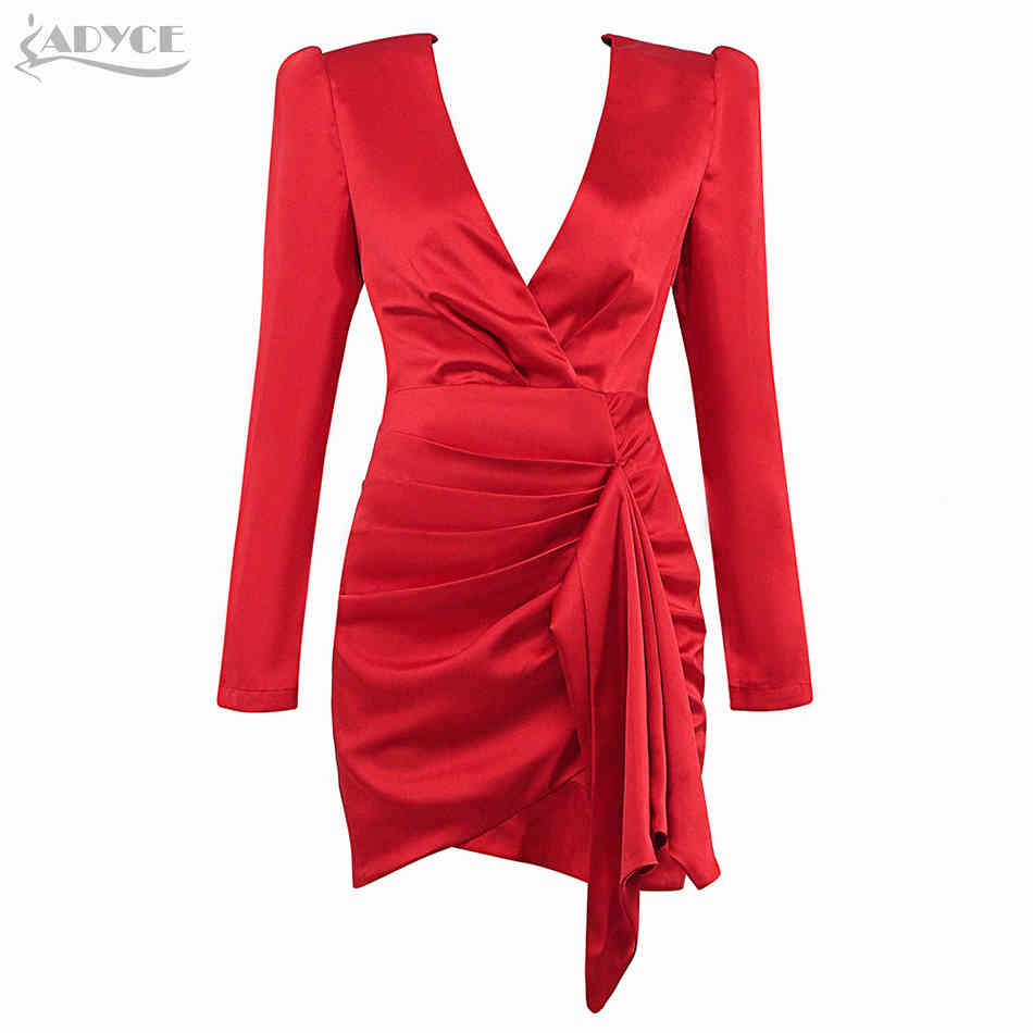 Summer Red Long Sleeve Dress For Women Sexy Deep V Neck Mini Celebrity Evening Runway Club Party Ladies Dresses 210423