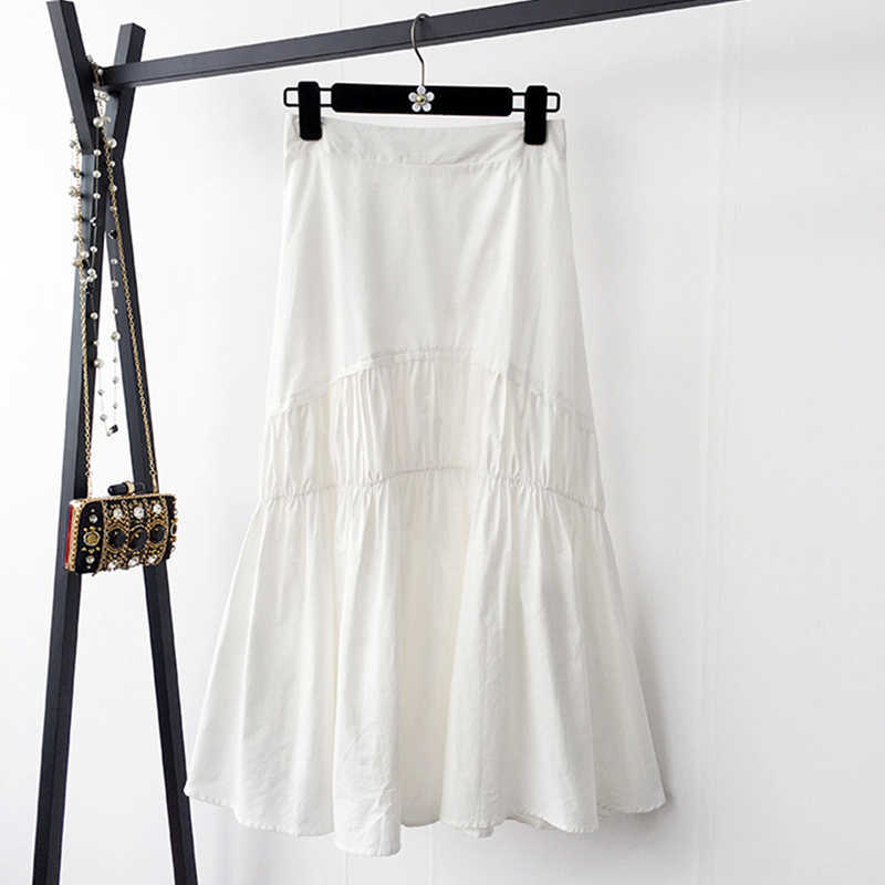 TIGENA Cotton Pleated Skirt Women Fashion Summer Casual Solid A Line High Waist Midi Long Female Black White Purple 210619