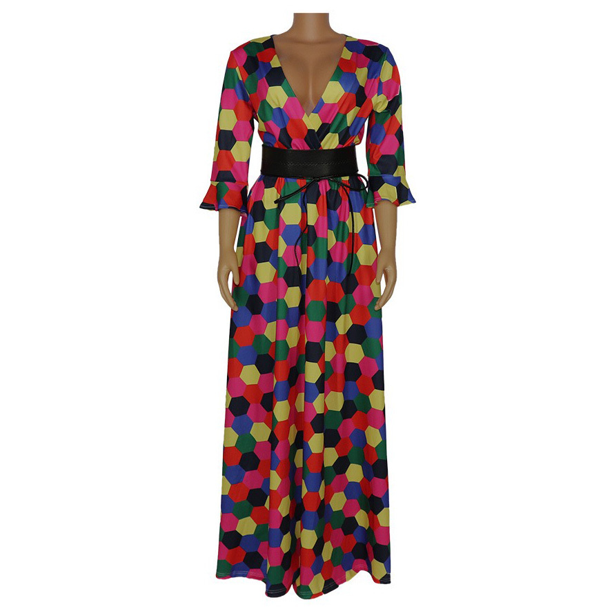 African Long Dresses For Women Maxi Party Dot Print V Neck Half Sleeve High Waist Floor Length Elegant Evening Night Wear Dress 210510