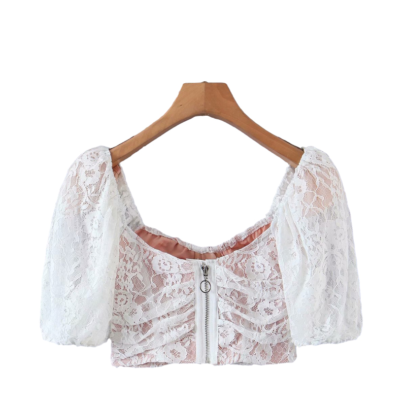 Sexy Woman Lace Strapless Slim Short Tops Spring Fashion Ladies Backless Top Female Elegant Puff Sleeve T-Shirt 210515