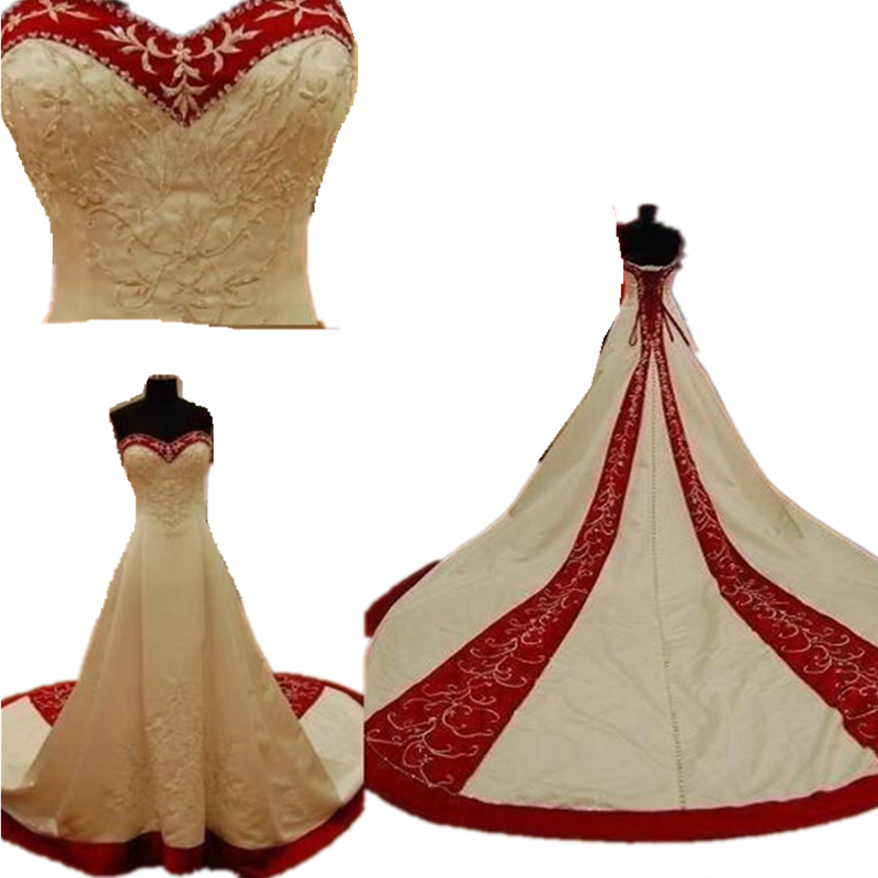 Vintage Embroidery Wedding Dresses Bridal Gowns Plus Size A Line Sweetheart Traditional Red and White Bride Dress 2022 Train Corset