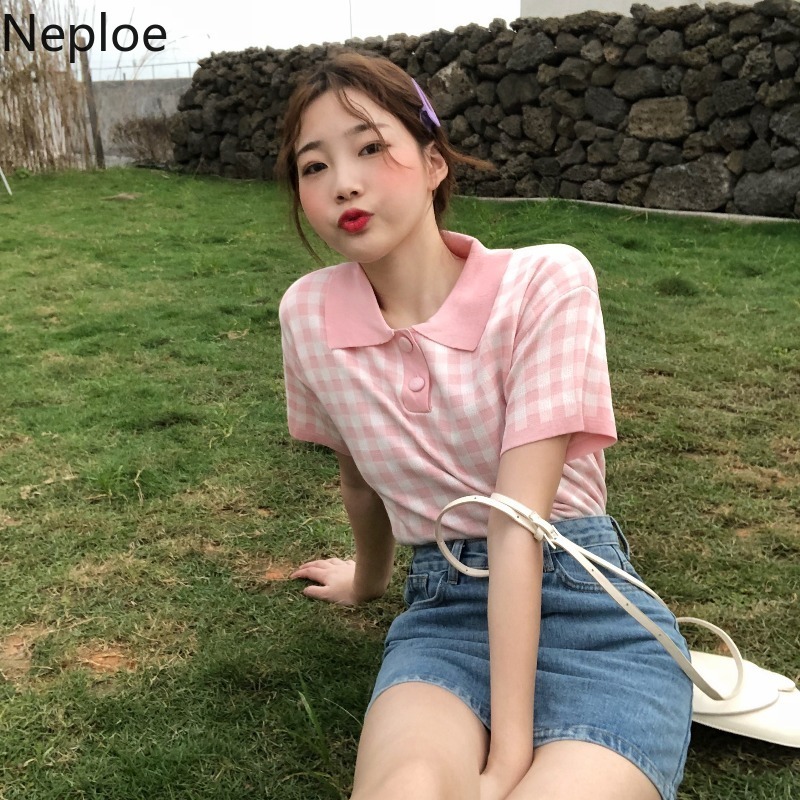 Neploe Plaid Summer Knitted T Shirts Women Kawaii Cute Tops Short Sleeve Tshirt Shirt Korean Vintage Graphic Tee Woman Clothes 210422