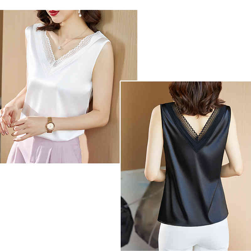 Summer Camis Women Tank Top Backless Lace Sleeveless Satin Vest Causal Solid Clothes V-neck Fashion Blusas 13696 210506