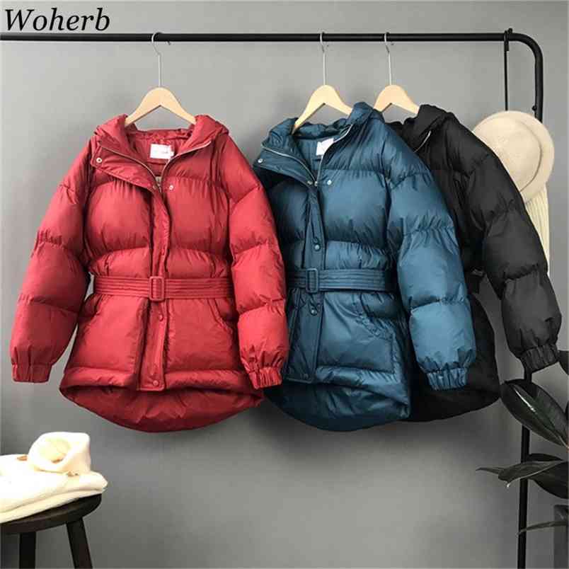 Abrigos Mujer Invierno Parka Women Winter Hooded Wadded Jackets Padded Coats Female Puffer Jacket Belt Chaquetas 210519