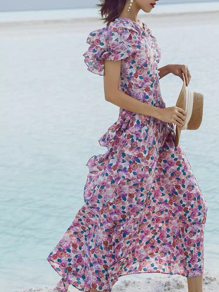 purple ruffles slash neck floral maxi dresses for women holiday resort chic Victorian style vintage roupas femininas rope 210421